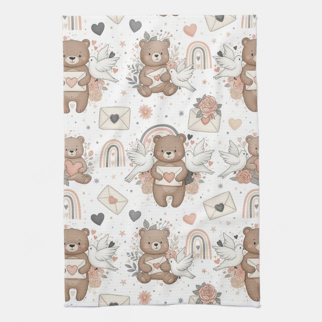 Neutral Teddy Bear Baby Shower Pattern Tea Towel (Vertical)