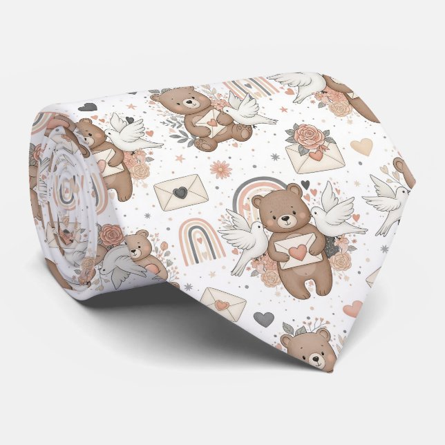 Neutral Teddy Bear Baby Shower Pattern Tie (Rolled)