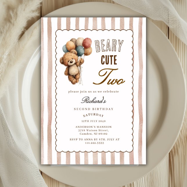 Neutral Teddy Bear Beary Cute Two 2nd Birthday  Invitation (Creator Uploaded)