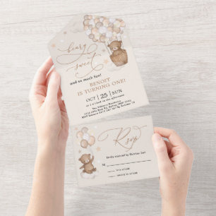 Neutral Teddy Bear Hot Air Balloon 1st Birthday All In One Invitation