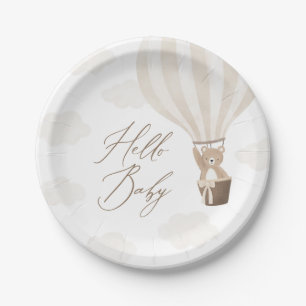 Neutral Teddy Bear Hot Air Balloon Baby Shower Paper Plate