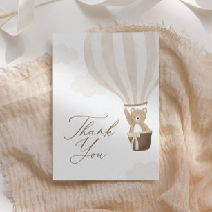 Neutral Teddy Bear Hot Air Balloon Baby Shower Thank You Card