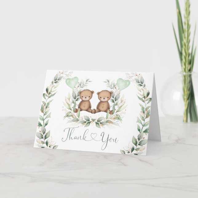 Neutral Teddy Bear Twins Sage Greenery Balloons Card (Front)