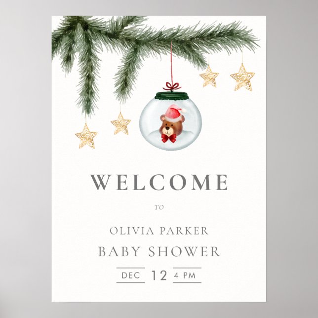 Neutral Teddy Bear Winter Baby Shower Welcome Sign (Front)