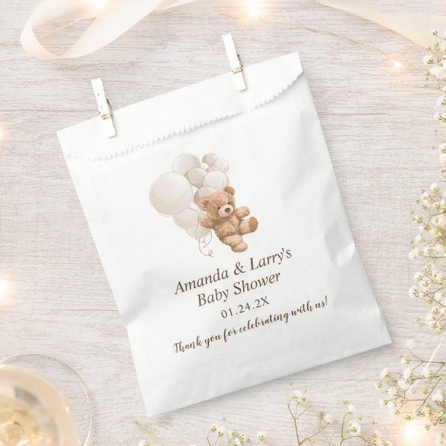 Neutral Teddy Bear with Balloons Favour Bags (Clipped)