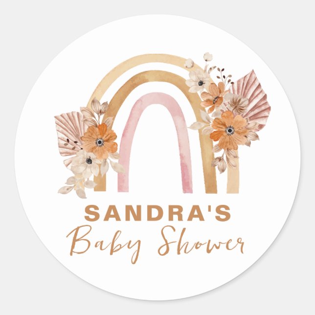 Neutral Terracotta Boho Rainbow Floral Baby Shower Classic Round Sticker (Front)