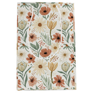 Neutral Terracotta Daisy and Poppy Floral Pattern Medium Gift Bag