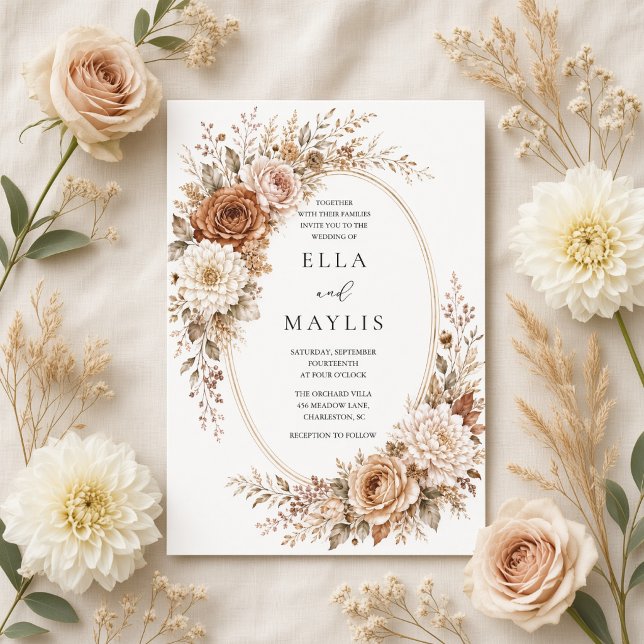 Neutral Terracotta Floral Oval Frame Fall Wedding  Invitation (Creator Uploaded)