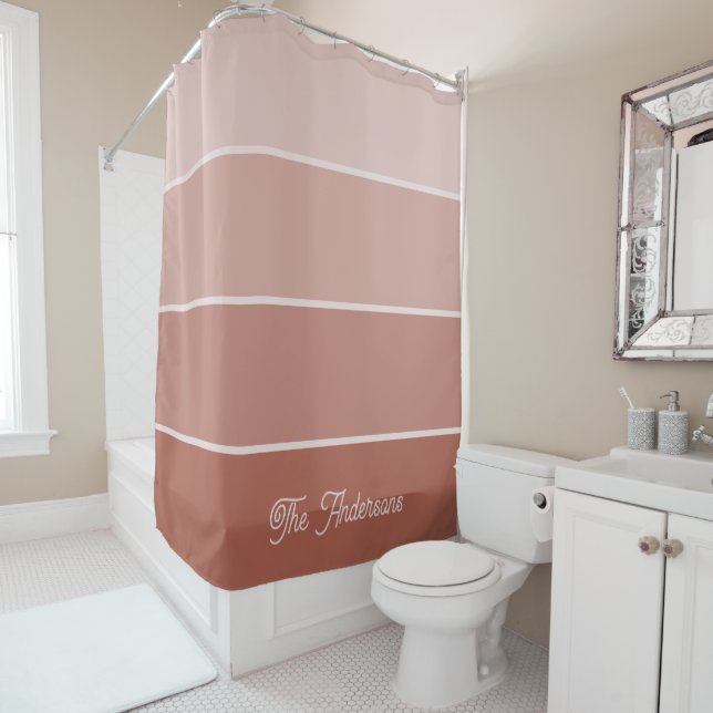 Neutral Terracotta | Ombre Stripes with Script Shower Curtain (In Situ)