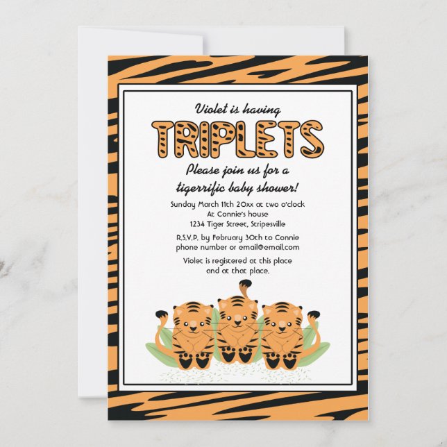 Neutral Tiger Triplets Baby Shower Invitation (Front)