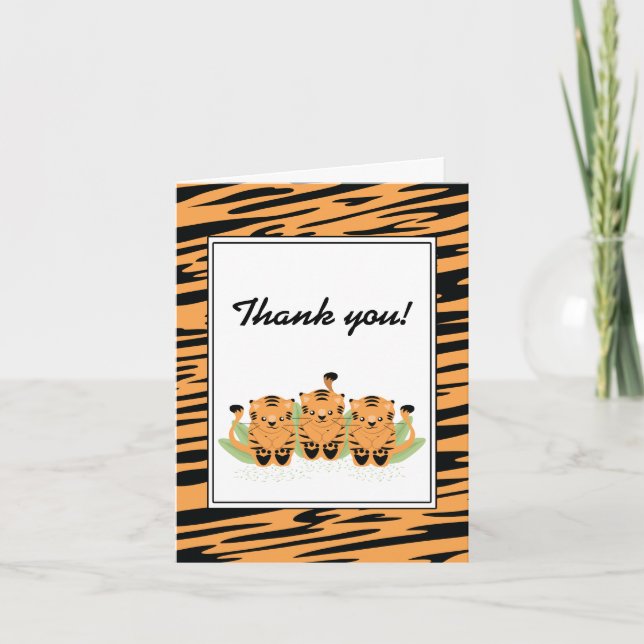 Neutral Tiger Triplets Baby Shower Thank You (Front)