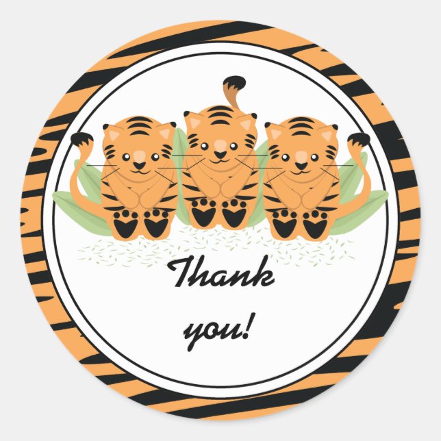 Neutral Tiger Triplets Baby Shower Thank You Round Classic Round Sticker (Front)