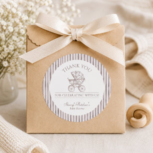 Neutral Toile de Jouy Baby Shower Thank You  Classic Round Sticker