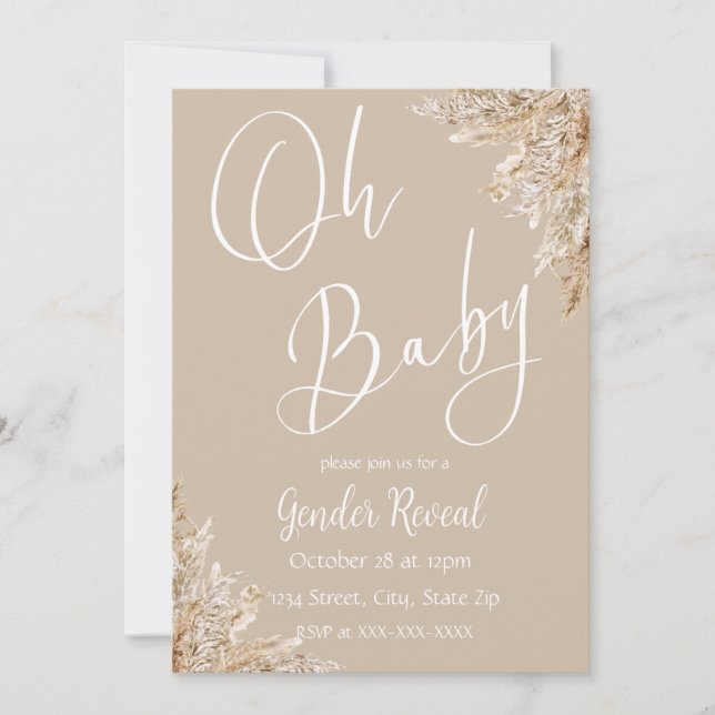 Neutral Tone Boho Pampas Gender Reveal  Invitation (Front)