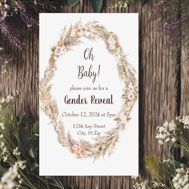 Neutral Tone Boho Pampas Gender Reveal Invitation (Creator Uploaded)
