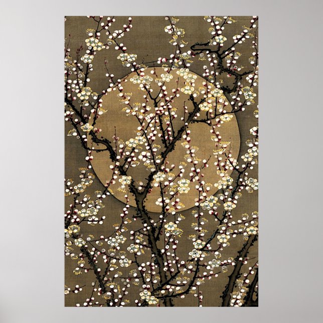 Neutral Tone Full Moon Cherry Blossom Design Art Poster (Front)