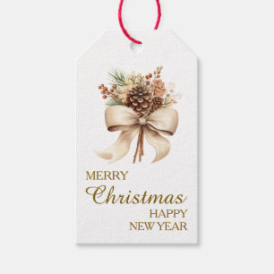 Neutral Tone Gold Pine Cone Bouquet Christmas Gift Tags