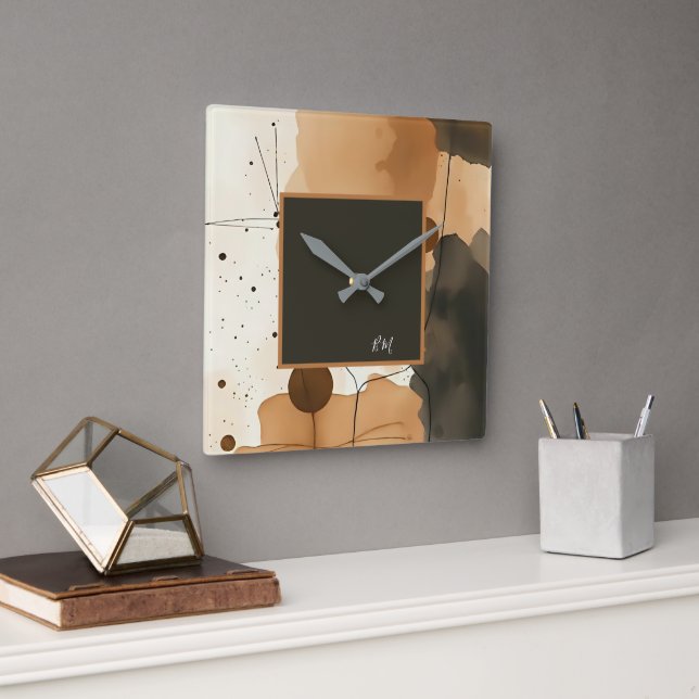 Neutral Tones Organic Abstract monogram Square Wall Clock (Office)