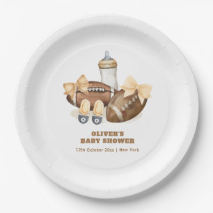 Neutral Touchdown Football Boy Baby Shower Paper Plate