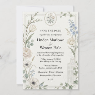 Neutral Tulips, White Anemones, Peonies, Blue Delp Invitation