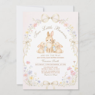 Neutral Twin Bunny Wildflower Baby Shower Invitation