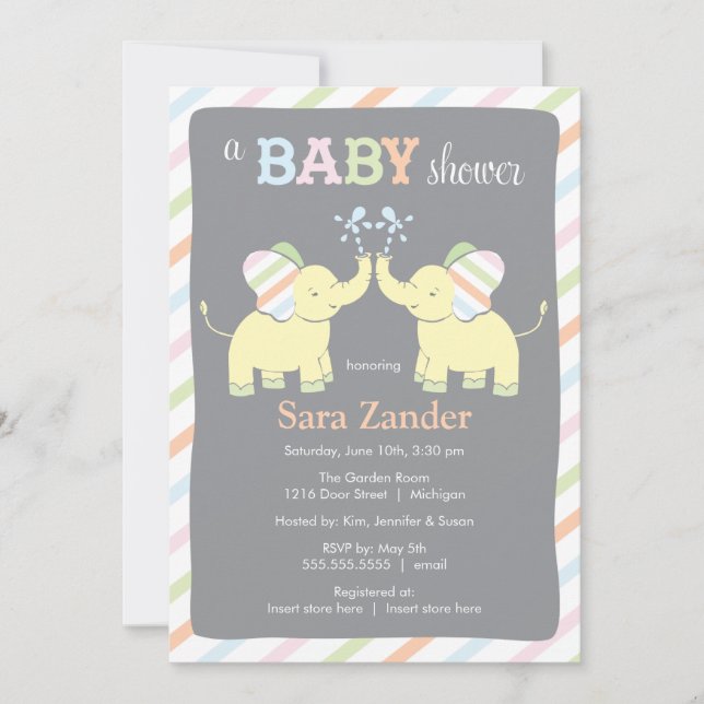 Neutral Twin Elephants  |  Baby Shower Invitation (Front)