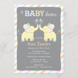 Neutral Twin Elephants Baby Shower Invitation
