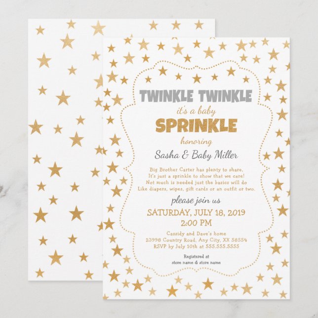 Neutral Twinkle Baby Sprinkle gold star invitation (Front/Back)