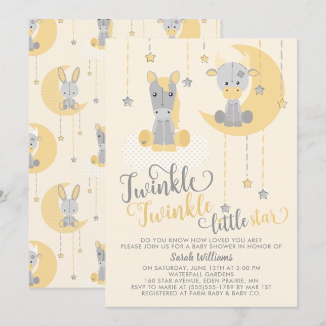 Neutral Twinkle Little Star Animals Baby Shower Invitation (Front/Back)