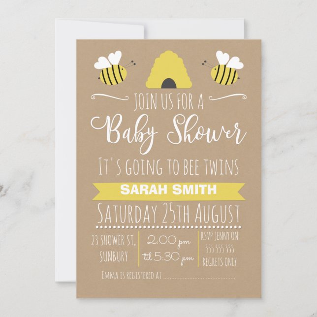 Neutral Twins Busy Bee baby Shower Invitation (Front)