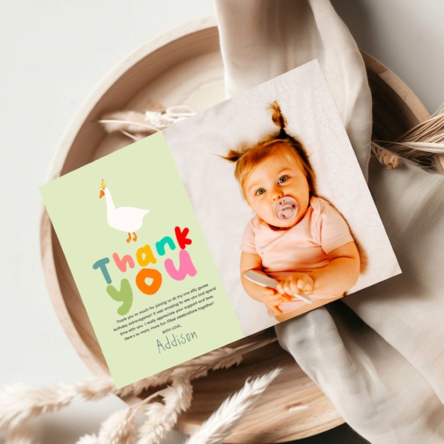 Neutral Two Silly Goose 2nd Birthday Photo Thank You Card (Creator Uploaded)