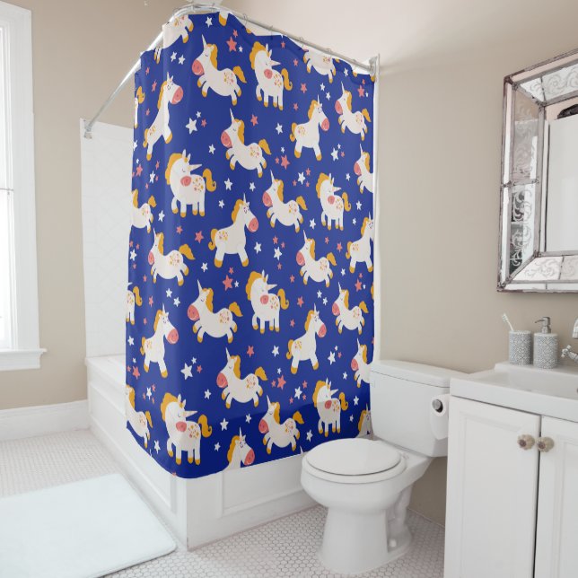 Neutral Unicorns on Blue Shower Curtain (In Situ)
