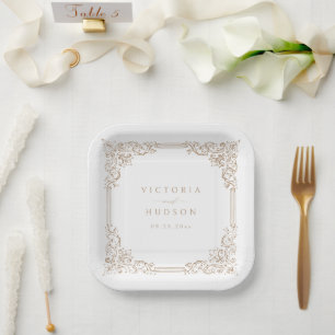 Neutral Vintage Frame Elegant Names Wedding Paper Plate