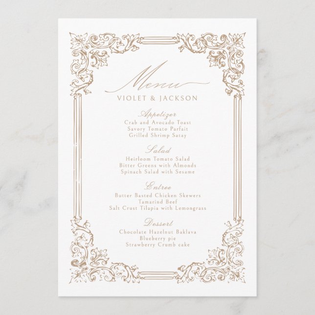 Neutral Vintage Frame Elegant Script Wedding Menu (Front)
