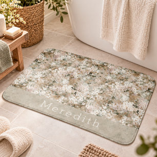 Neutral Vintage White Wildflower Floral Monogram Bath Mat