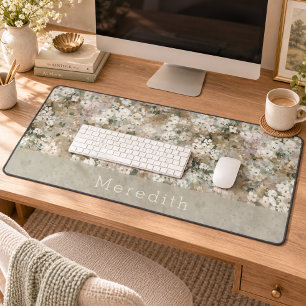 Neutral Vintage White Wildflower Floral Monogram Desk Mat