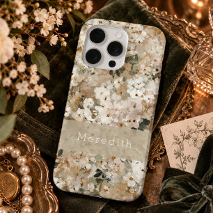 Neutral Vintage White Wildflower Floral Monogram iPhone 15 Pro Case