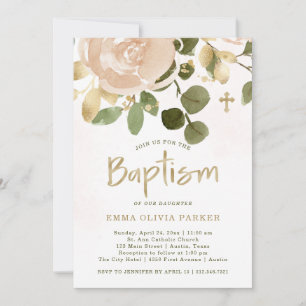 Neutral Watercolor and Gold Floral   Baptism Invitation