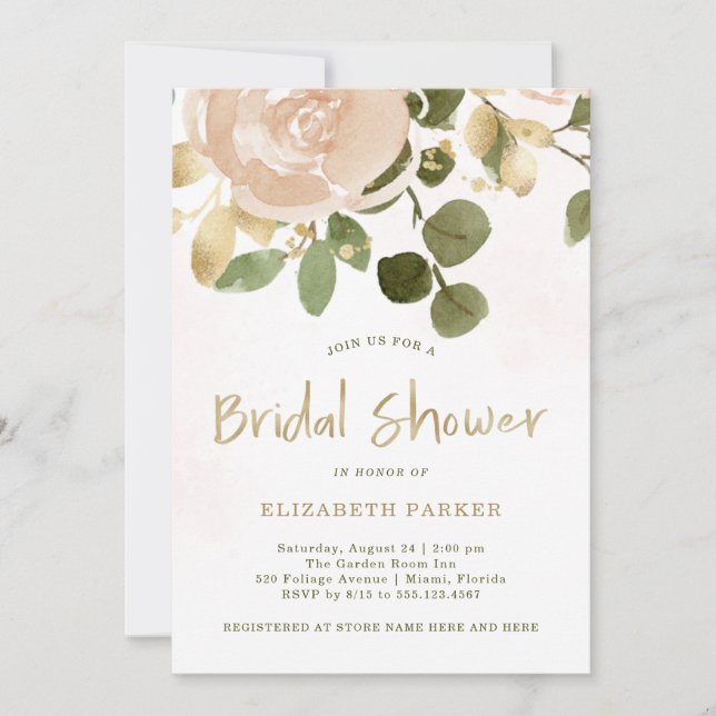 Neutral Watercolor and Gold Floral | Bridal Shower Invitation (Front)