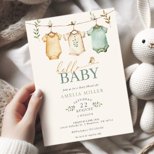 Neutral Watercolor Baby Clothesline Baby Shower Invitation