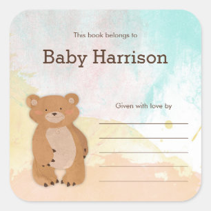 Neutral Watercolor Bear Baby Shower Bookplates Square Sticker