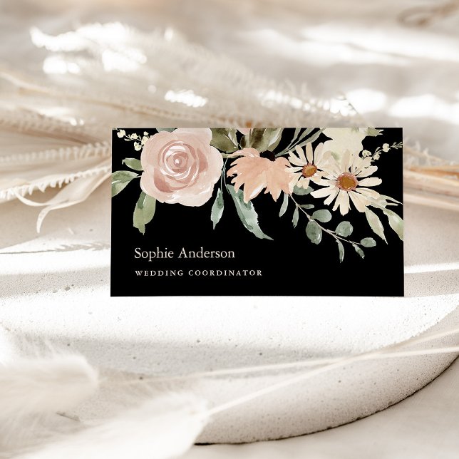 Neutral Watercolor Botanical Floral on Black Business Card (Creator Uploaded)