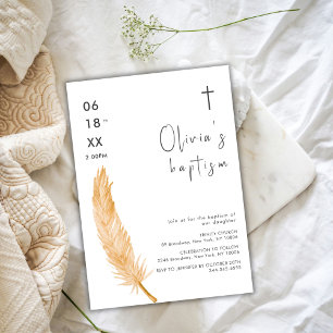 Neutral Watercolor Feather Cross Baptism  Invitation