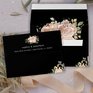 Neutral Watercolor Floral and Gold   Black Wedding Envelope