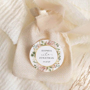Neutral Watercolor Floral and Gold Wedding Classic Round Sticker