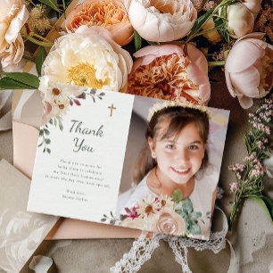 Neutral Watercolor Floral First Communion Photo Thank You Card