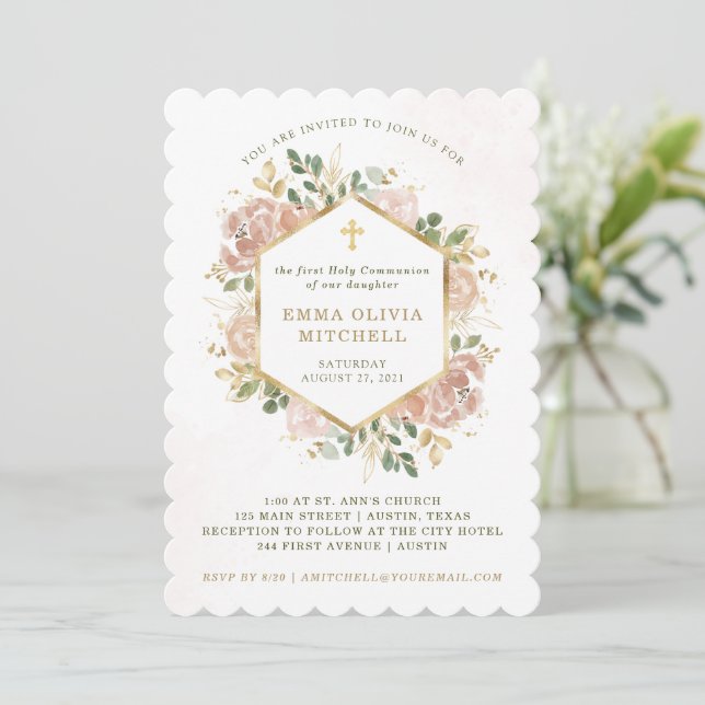 Neutral Watercolor Floral | First Holy Communion Invitation (Standing Front)