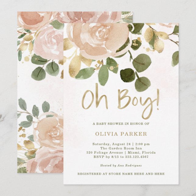 Neutral Watercolor Floral | Oh Boy Baby Shower Invitation (Front/Back)