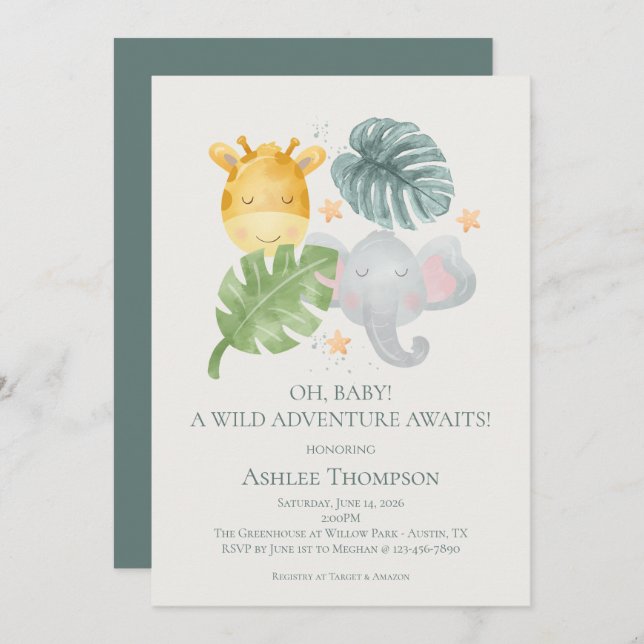 Neutral Watercolor Jungle Animals Baby Shower Invitation (Front/Back)