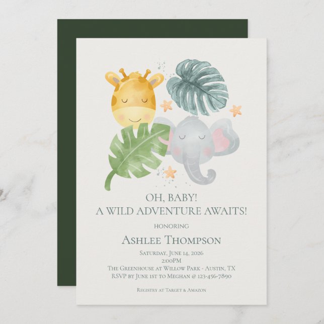 Neutral Watercolor Jungle Animals Baby Shower Invitation (Front/Back)
